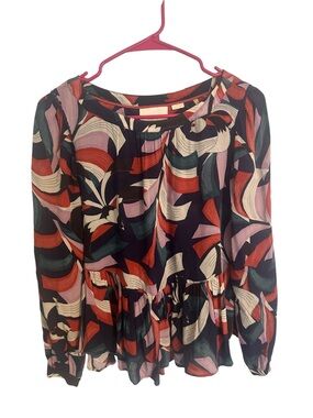 Maeve by Anthropologie Cheyenne Peplum Blouse Bird Print Top Multi Navy Size XS